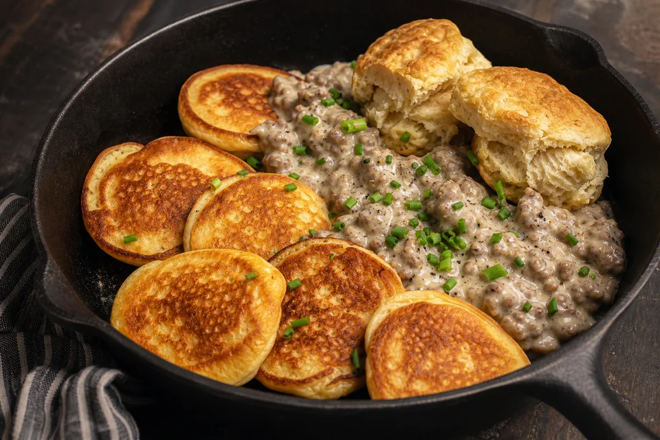 Finished cast-iron skillet with savory pancakes, sausage gravy, split biscuits, and chives