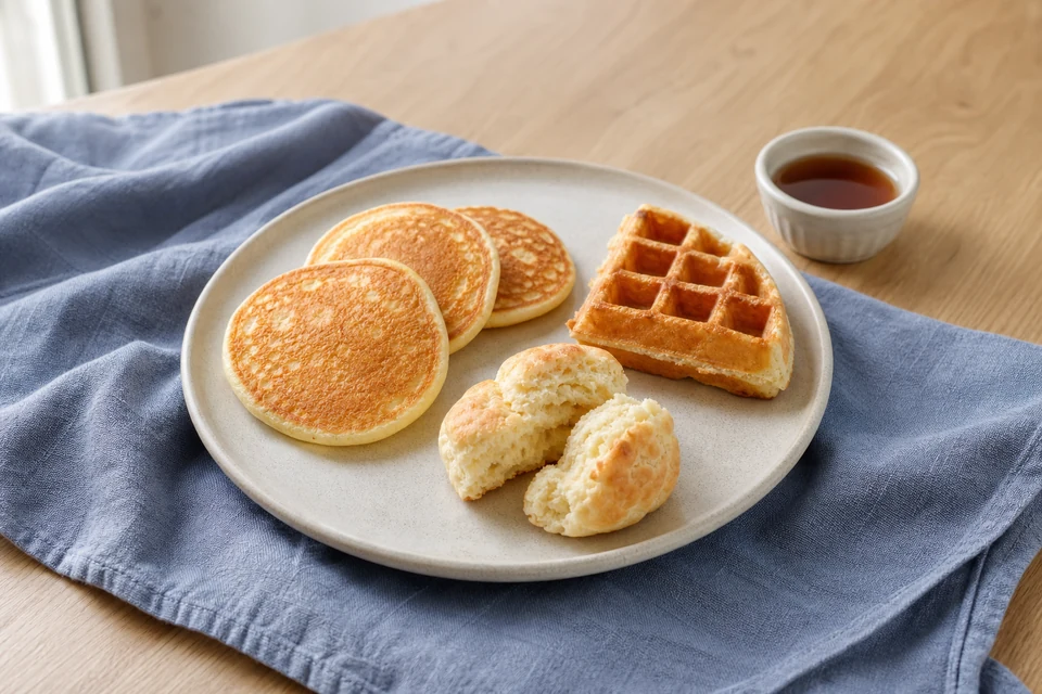 Golden pancakes with a biscuit and waffle segment made from a versatile baking mix