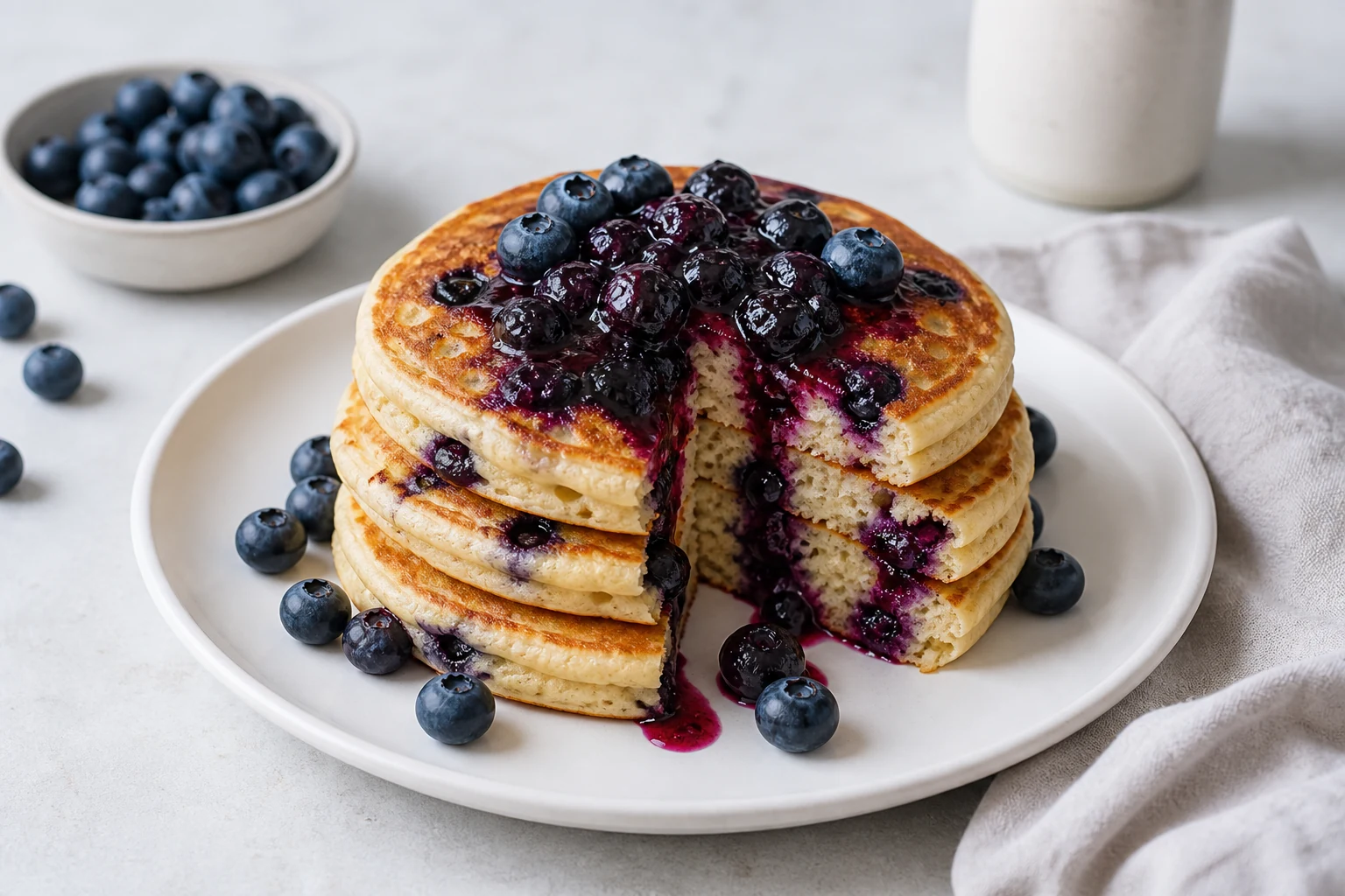 Finished blueberry pancake stack with fresh blueberries, compote, and a cut wedge showing berry crumb
