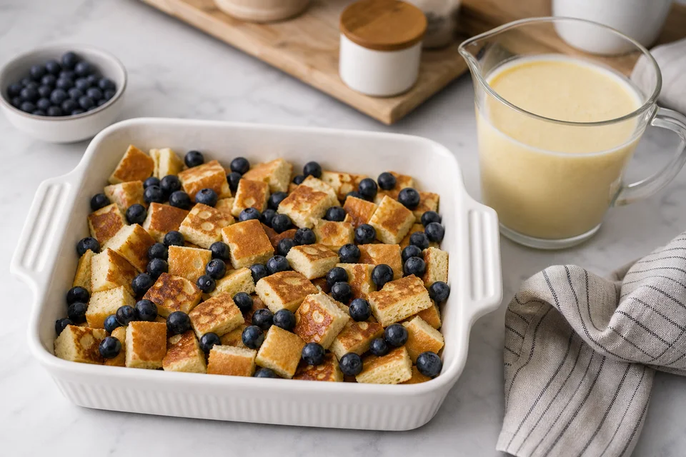 Cooked pancake pieces and blueberries arranged in a baking dish beside custard ready to pour.