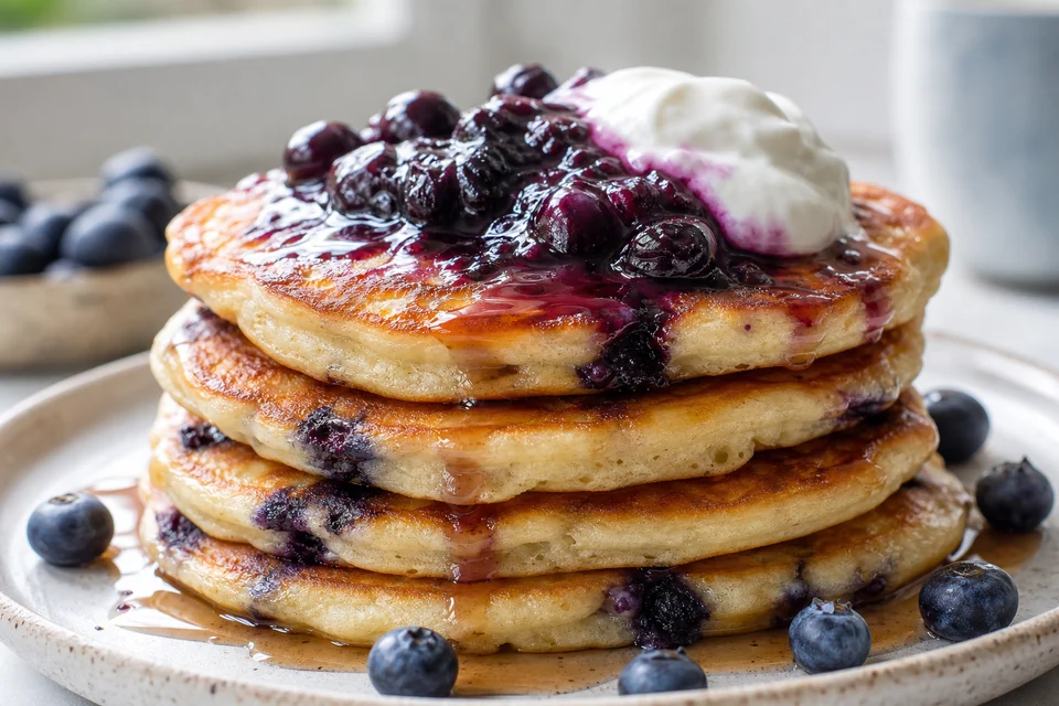 Finished thick blueberry pancakes with whole-berry compote and plain yogurt