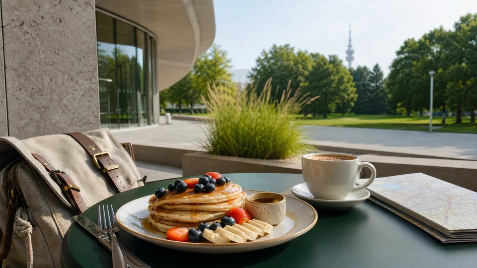 A finished pancake breakfast beside a daypack and map, with modern architecture and green parkland in the distance.