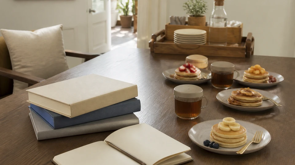 Book-club table with protected reading space and a separate low-mess brunch service zone