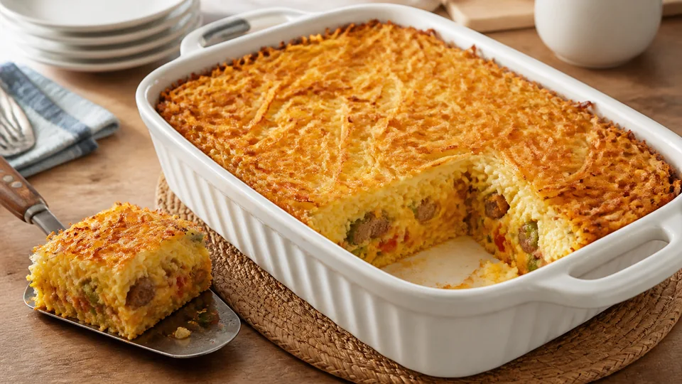 Breakfast bake with hash browns prepared for Pancakes World.