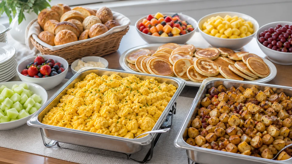 Breakfast buffet ideas for a large crowd prepared for Pancakes World.