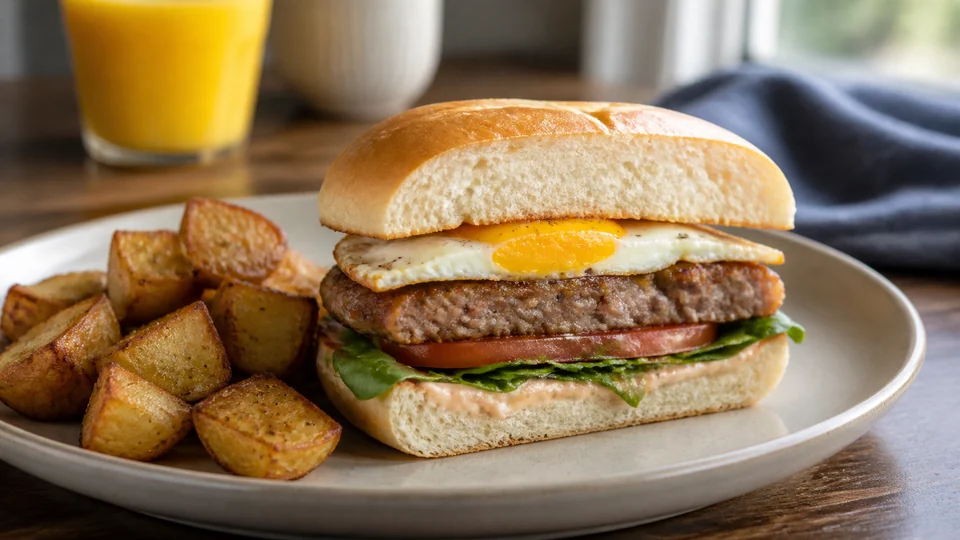 Breakfast burger prepared for Pancakes World.