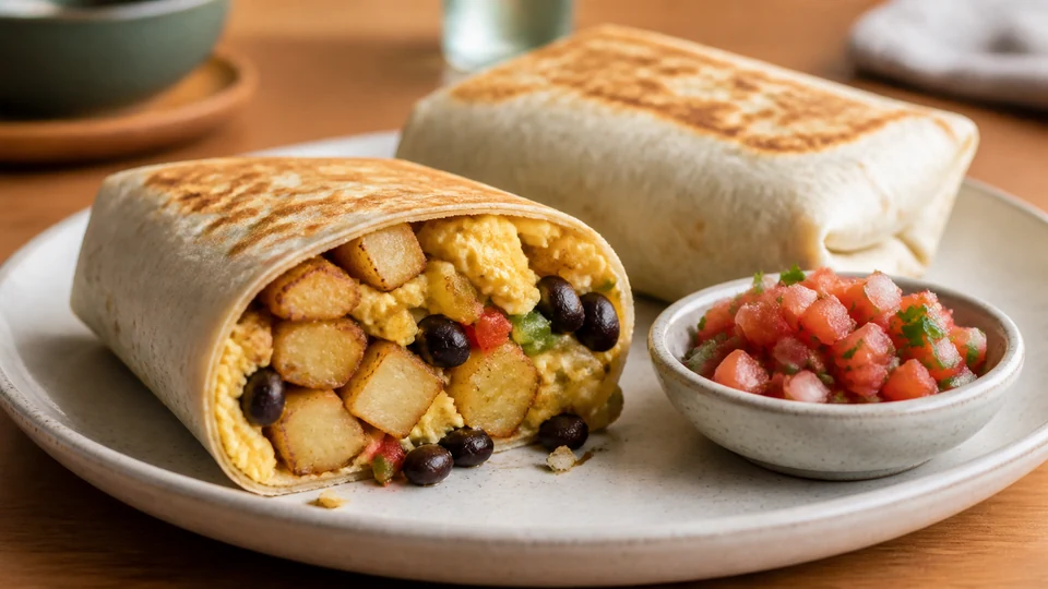 Editorial breakfast scene illustrating Breakfast burrito recipe with potatoes.