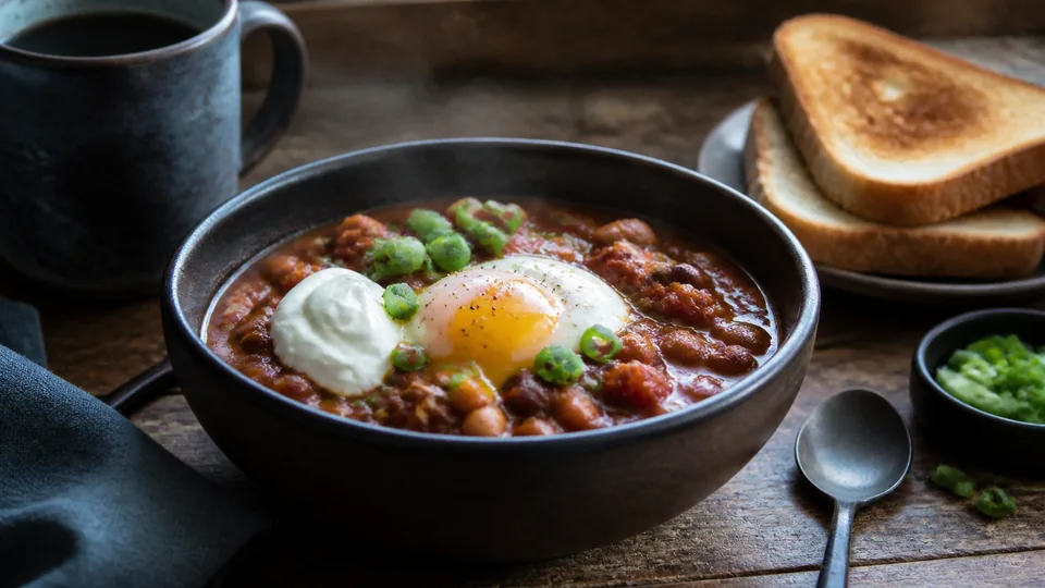 Breakfast chili prepared for Pancakes World.
