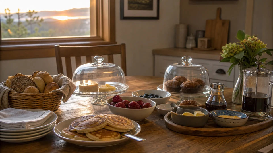 Editorial breakfast scene illustrating Breakfast for Overnight Guests: Prep Quietly and Serve Flexibly