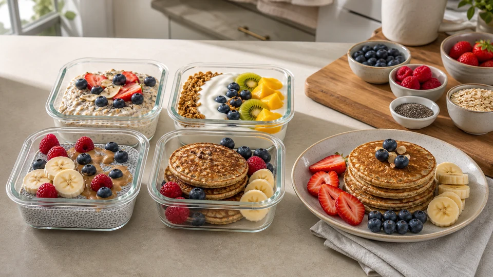 Editorial breakfast scene illustrating Breakfast Meal Prep for One Without Eating the Same Thing All Week