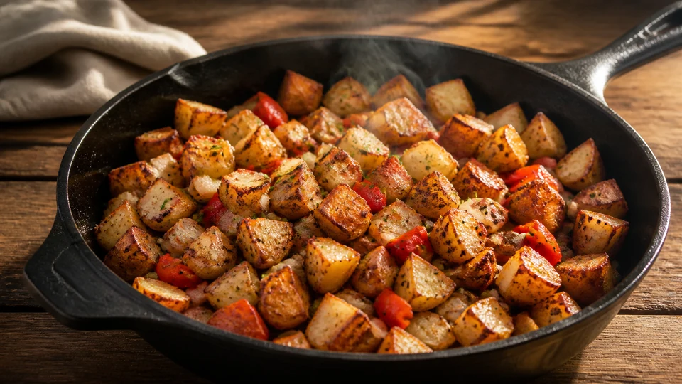 Golden breakfast potato cubes with onions and herbs spread in a single layer on a dark tray