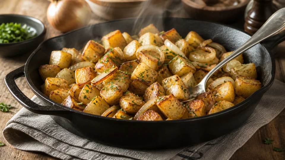 Breakfast potatoes with onions prepared for Pancakes World.