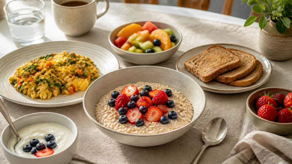 Editorial breakfast scene illustrating Breakfast recipes to lose belly fat.