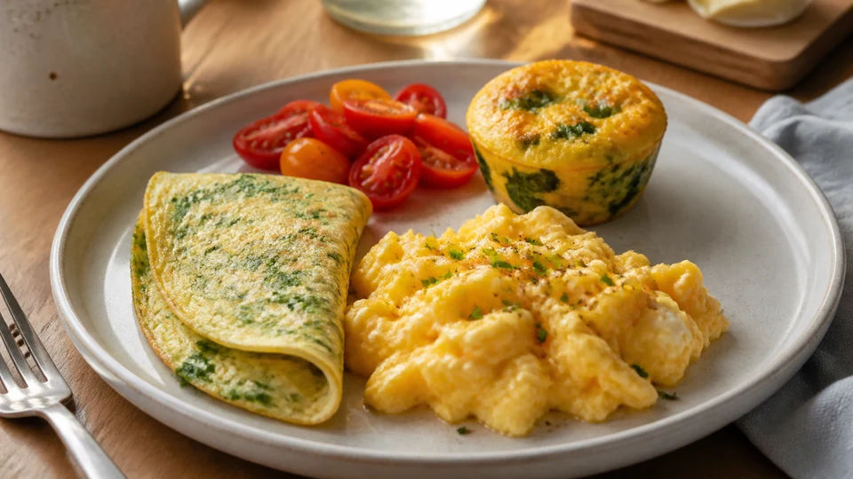 Egg breakfast planning board with scrambled eggs, a folded omelette, toast and vegetables arranged for service