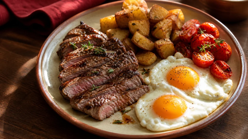 Editorial breakfast scene illustrating Breakfast steak and eggs.