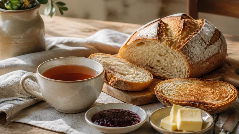 Breakfast tea and bread prepared for Pancakes World.