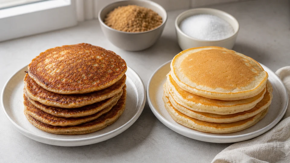 Darker and lighter pancake stacks shown beside bowls of brown and white sugar.