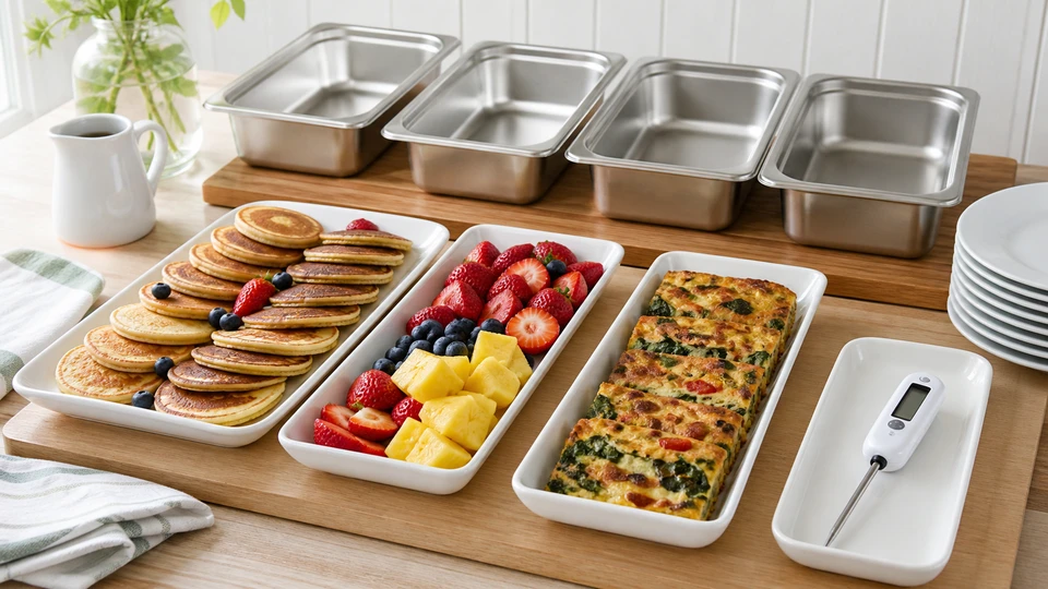 Small brunch buffet platters with clean replacement pans and a food thermometer ready for service checks.