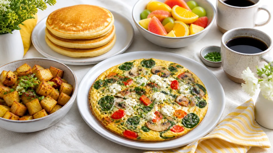 Editorial breakfast scene illustrating Brunch dishes recipes.