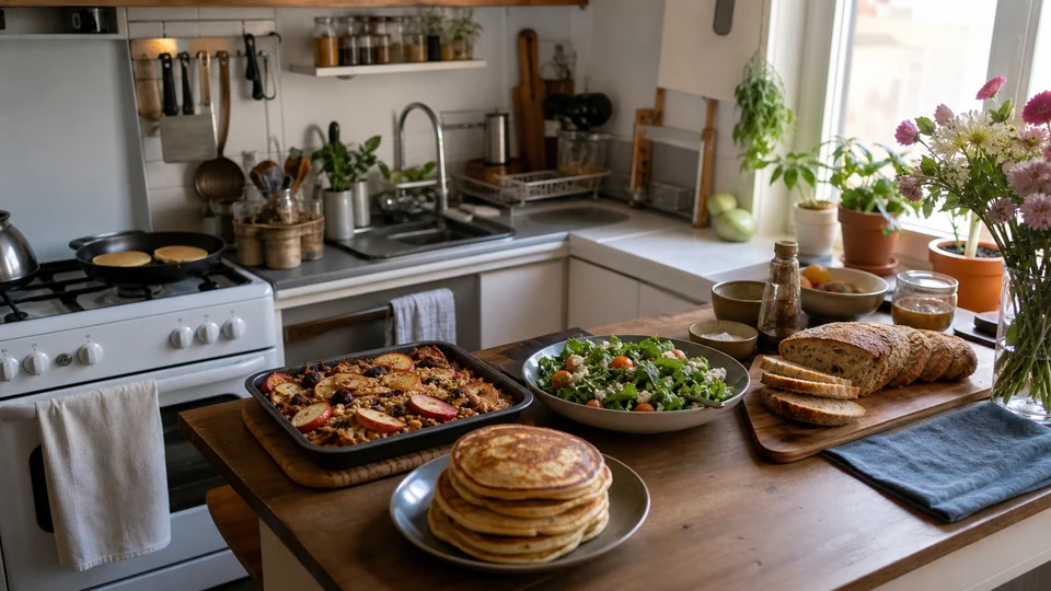 A complete brunch with pancakes, baked fruit, salad, and bread arranged in a compact home kitchen.