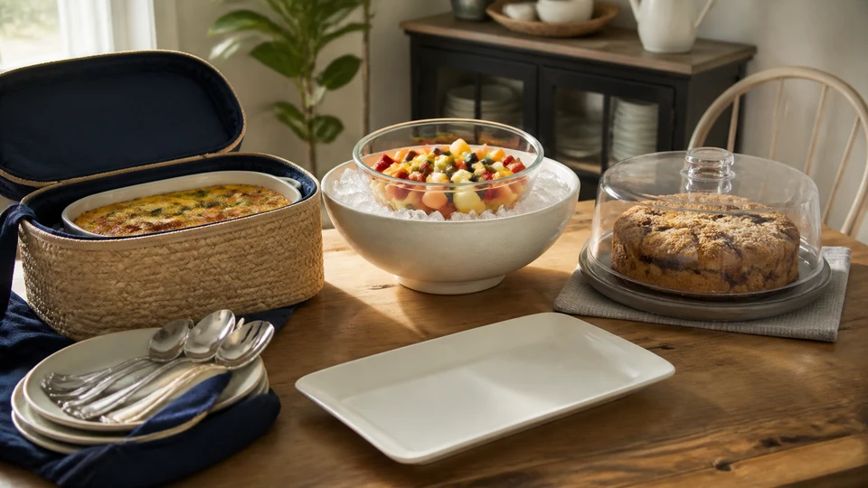 Hot, chilled and room-temperature brunch dishes arranged for a potluck handoff.