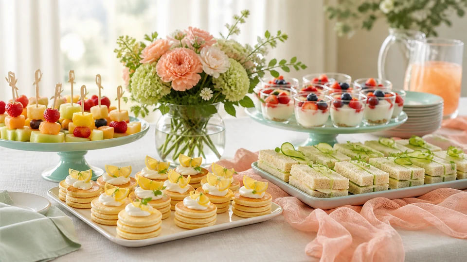 Editorial breakfast scene illustrating Brunch shower food ideas.