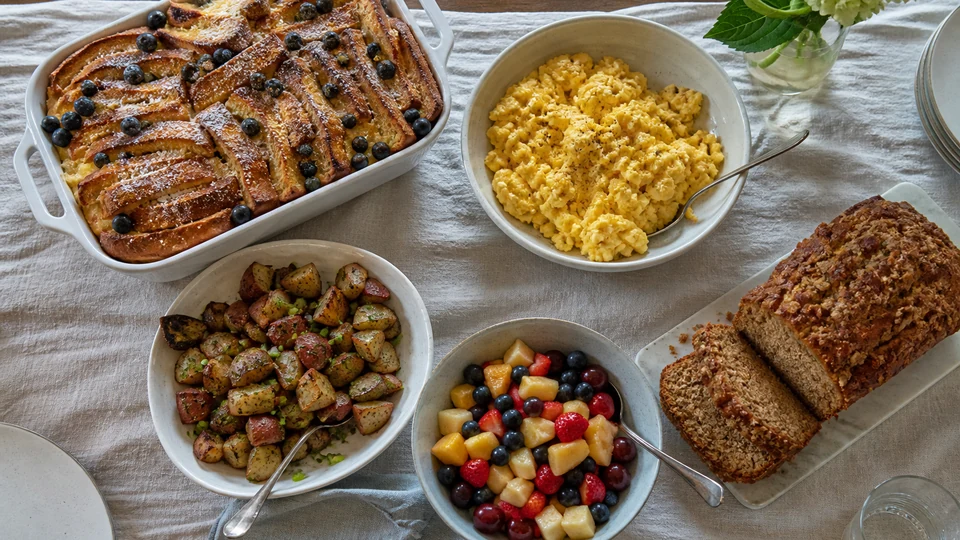 Brunch spread at home prepared for Pancakes World.