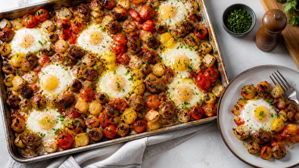 Brunch tray bake prepared for Pancakes World.