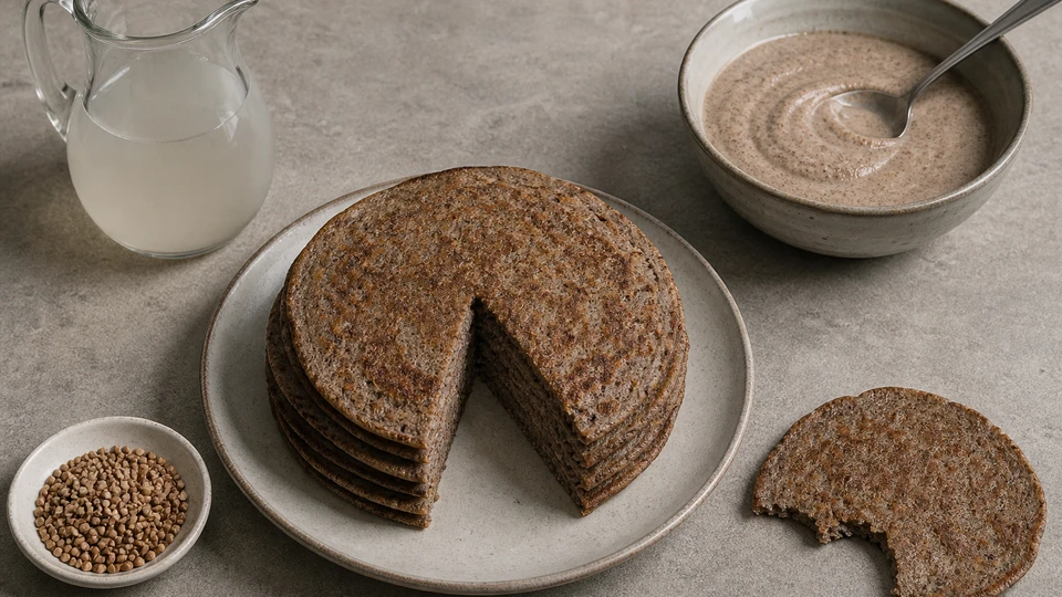 Planning image for Buckwheat Pancakes: Structure and Flavor Without Wheat Flour, showing a controlled ingredient/process setup for buckwheat pancakes: structure and flavor without wheat flour, showing only the relevant unbranded ingredients, tools and one clear before/after or side-by-side variable.