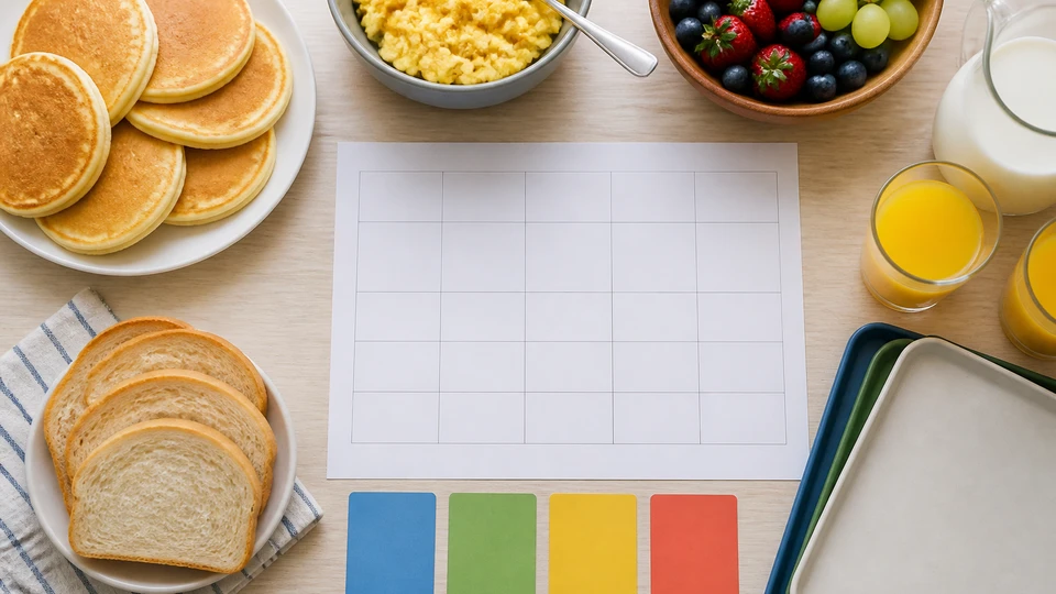 Large-group breakfast planning board arranged beside four menu-role samples and clean serving trays