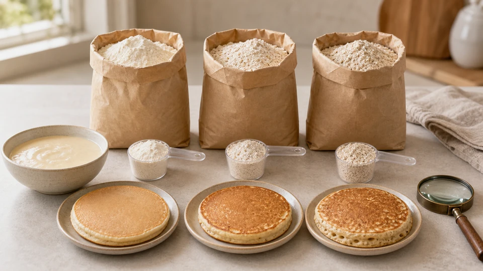 Editorial setup illustrating buttermilk pancake mix guide: function, labels and selection criteria.