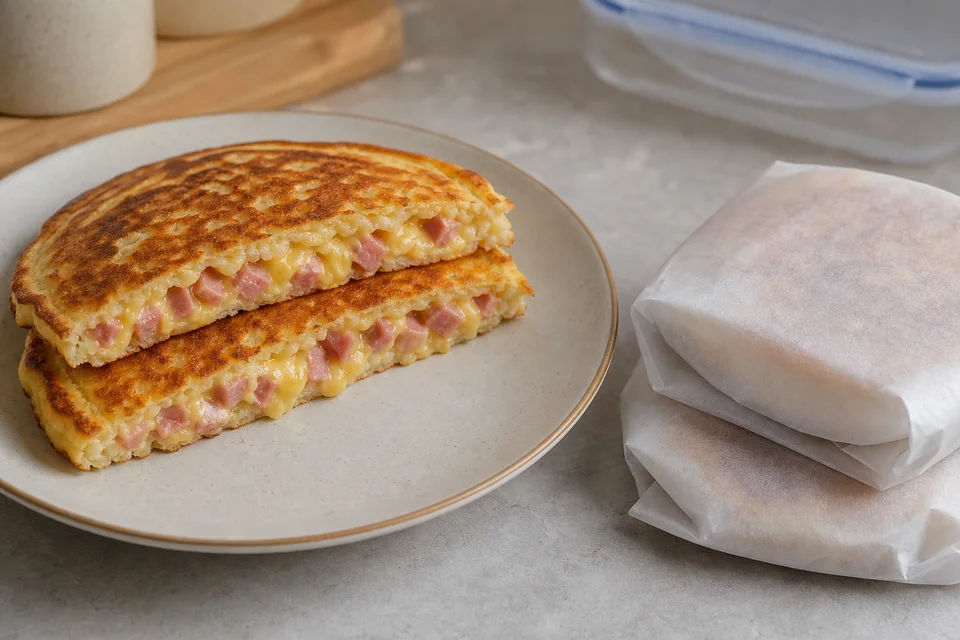 A cooked ham-and-cheese pancake cut open to show the filling beside two wrapped freezer portions.