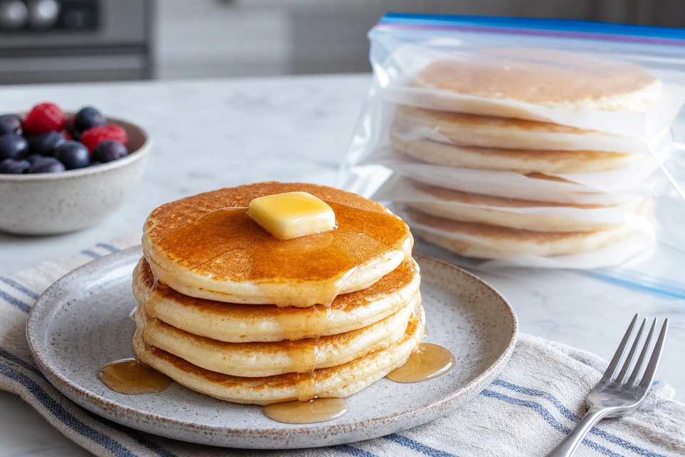 Finished pancakes with syrup and butter beside pancakes separated with paper in a freezer bag.