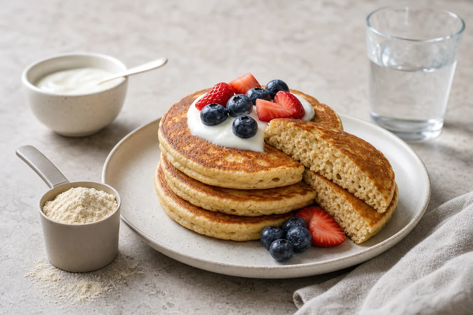 Protein-enriched pancake stack with one cut pancake beside a generic powder scoop and measured batter bowl.