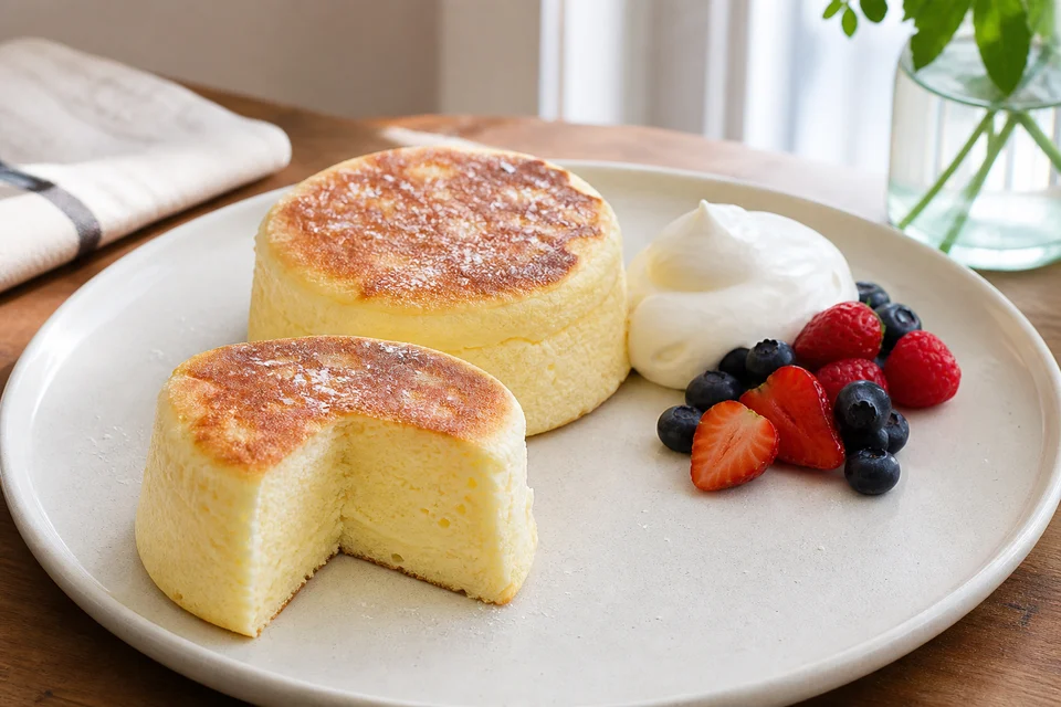 Two finished mold-free Japanese souffle-style pancakes with softly rounded sides, one cut to show a set airy center.