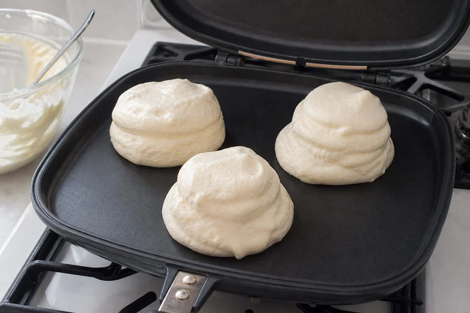 Three freestanding mounds of souffle-pancake batter cooking on a lidded griddle without ring molds.