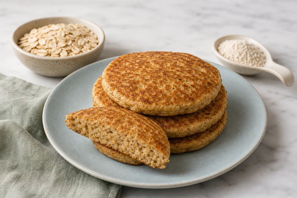 Finished oat pancakes with rolled oats and fine oat flour shown separately