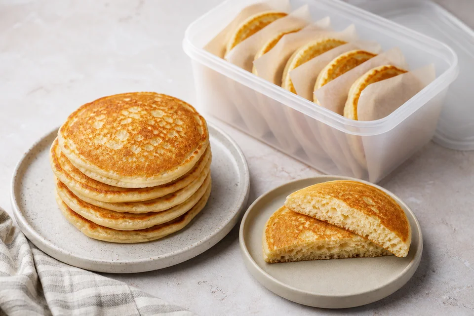 Finished eggless pancake stack and cut reheated pancake beside cooled portions separated with parchment in a freezer container.