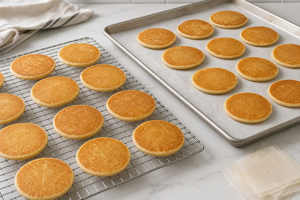 Fully cooked eggless pancakes cooling in one layer on a rack beside a parchment-lined tray ready for flash freezing.