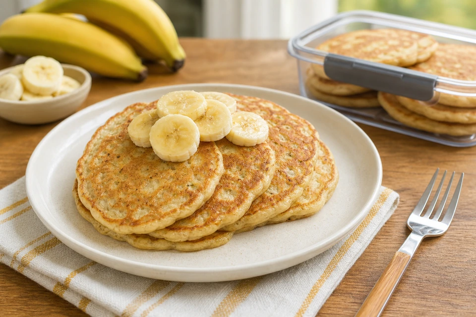 Finished banana pancakes topped with banana slices beside more pancakes in a storage container.