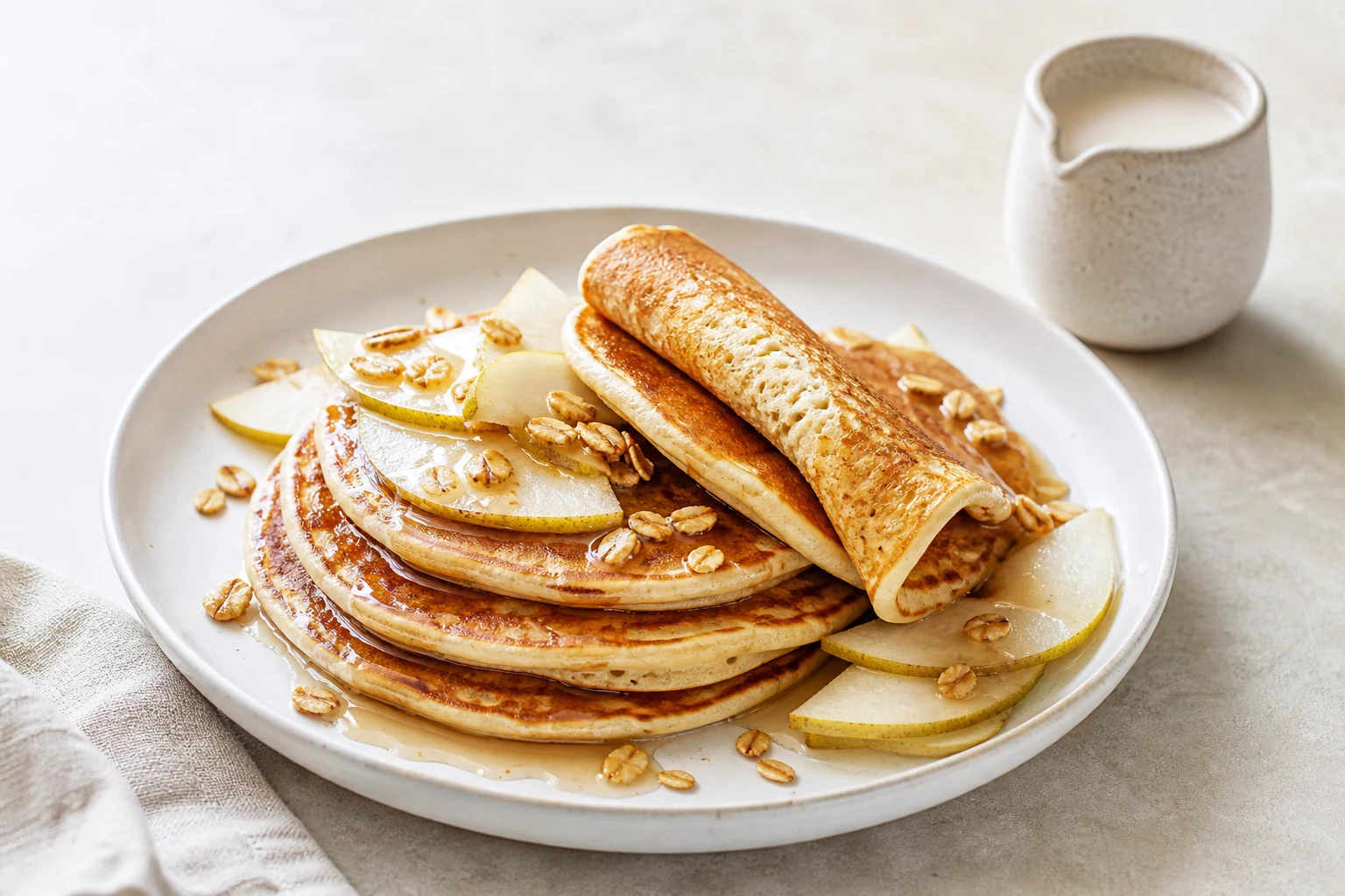Finished dairy-free pancake stack with pear, oats, and a small jug of unbranded plant drink