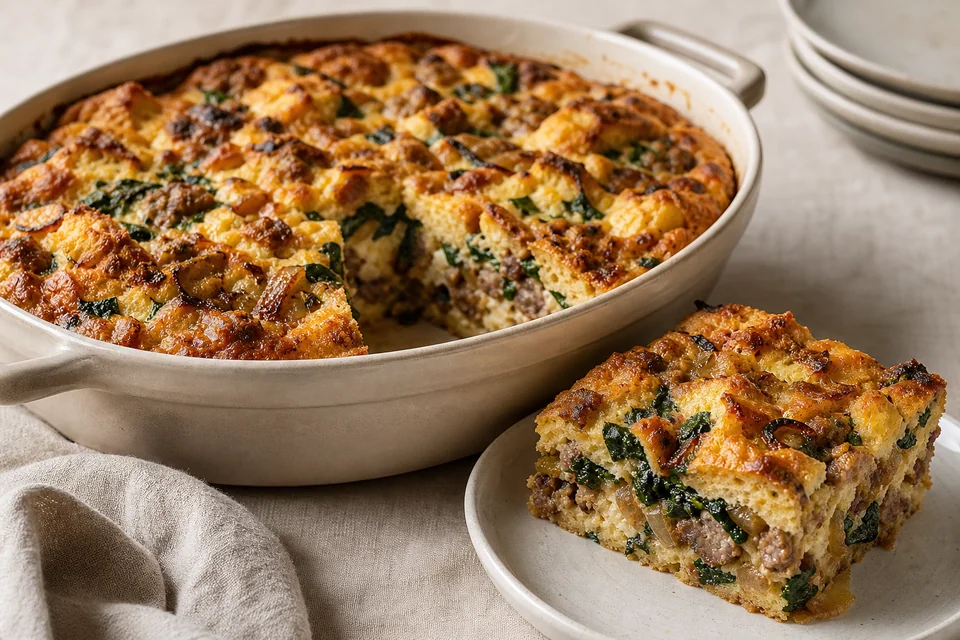 A browned savory strata with one slice lifted to show bread, caramelized onion, spinach, and cooked pork layers.