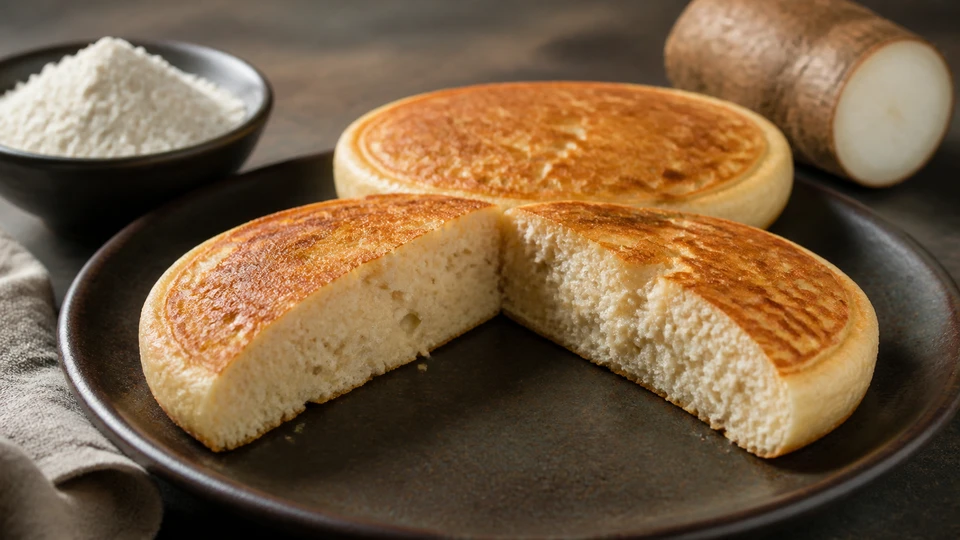 Cassava-flour pancake opened to show its center, with an intact pancake, flour and cassava root.