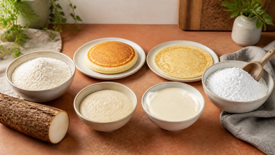 Cassava root, whole-root flour and extracted tapioca starch shown with distinct batters and pancakes