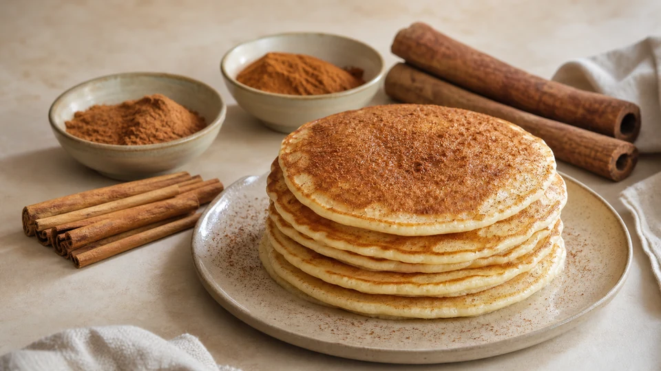 Finished cinnamon pancakes beside thin layered quills and thicker pieces of cinnamon bark.