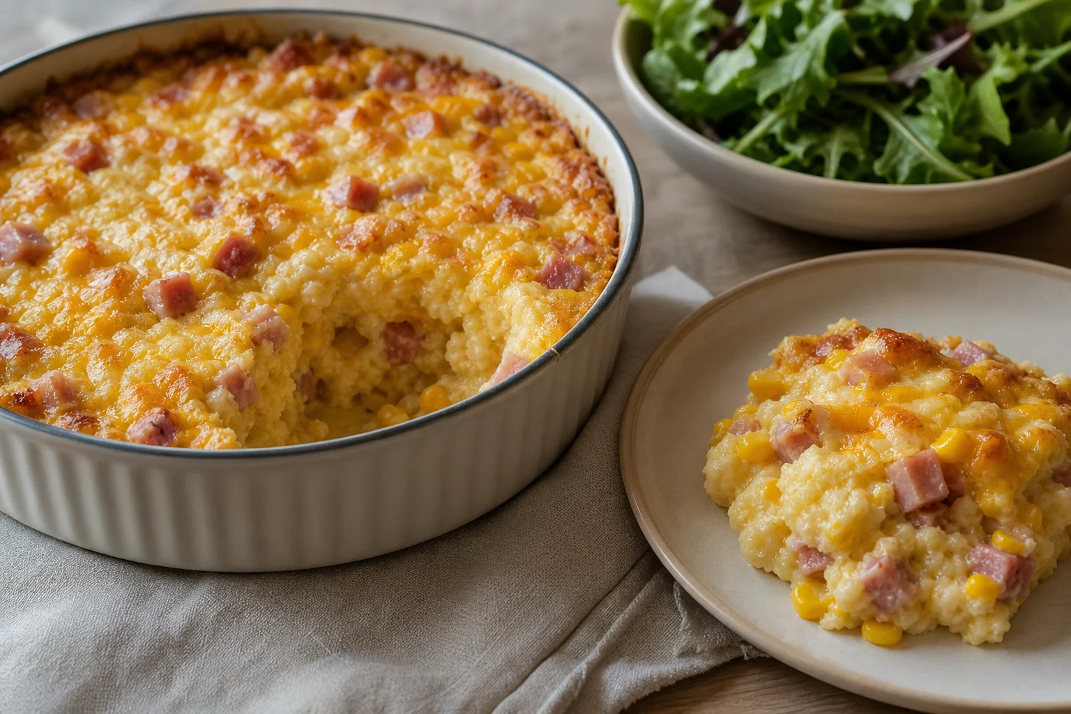 Finished cheesy ham corn and grits bake with a plated portion