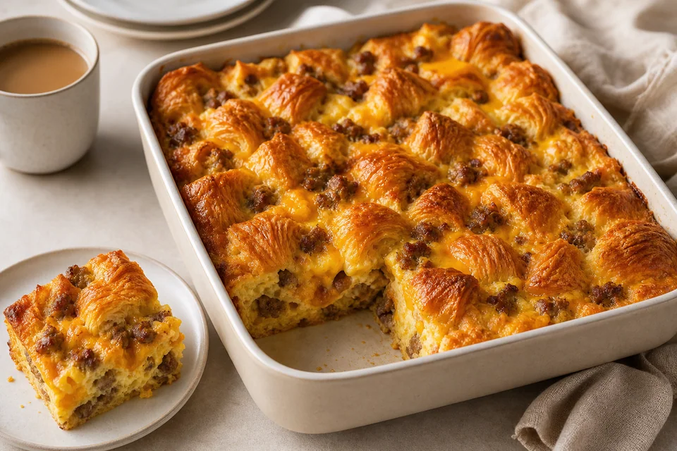 Cheesy sausage and croissant casserole with crisp golden pastry peaks and a plated square showing the set custard center.
