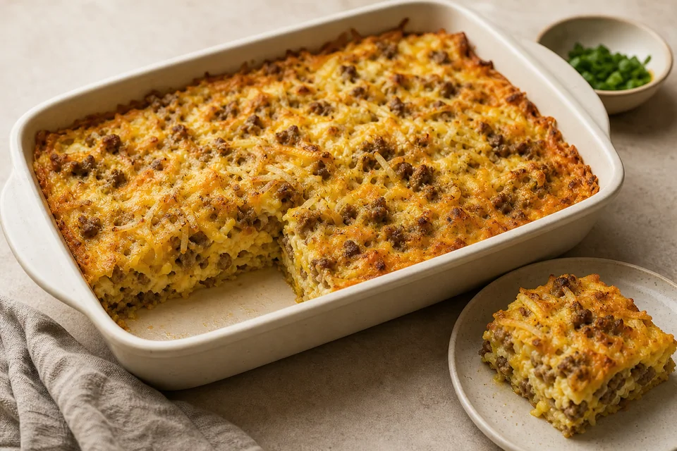 Golden cheesy sausage, egg, and hash brown casserole with a plated square showing potato, sausage, and set egg layers.