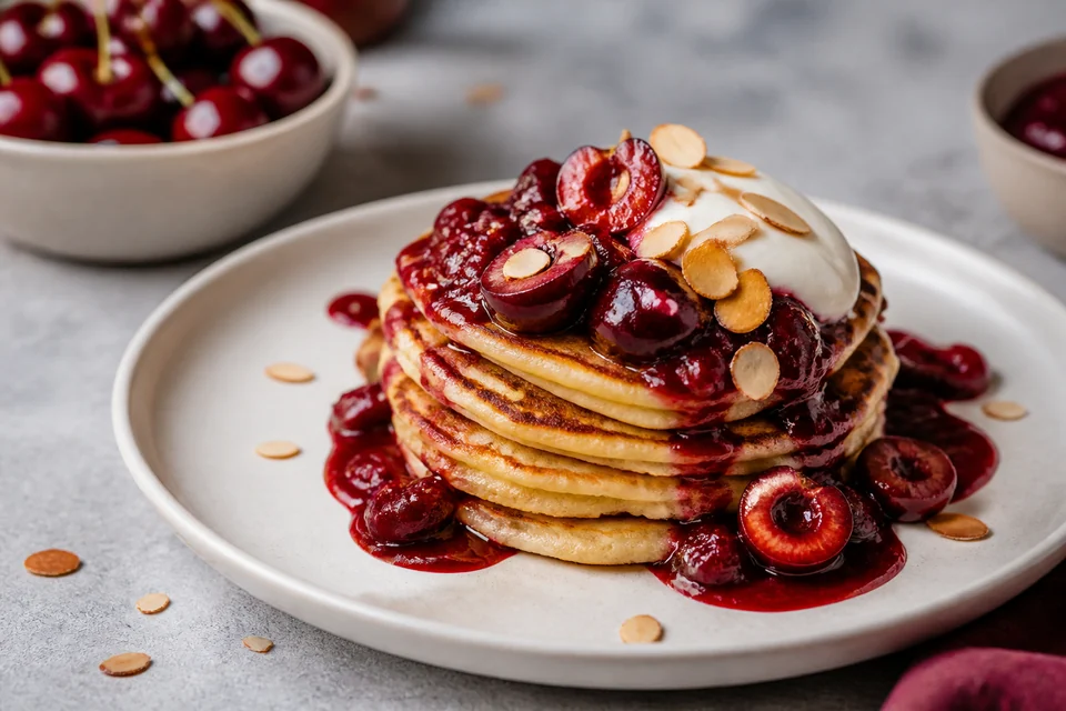 Finished golden pancakes with cherry compote, cultured cream, and toasted almonds