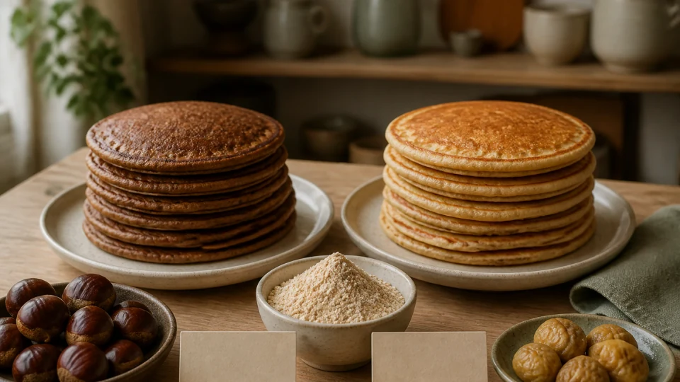 Two distinct pancake stacks beside chestnut flour, whole and peeled chestnuts, and two blank comparison cards.